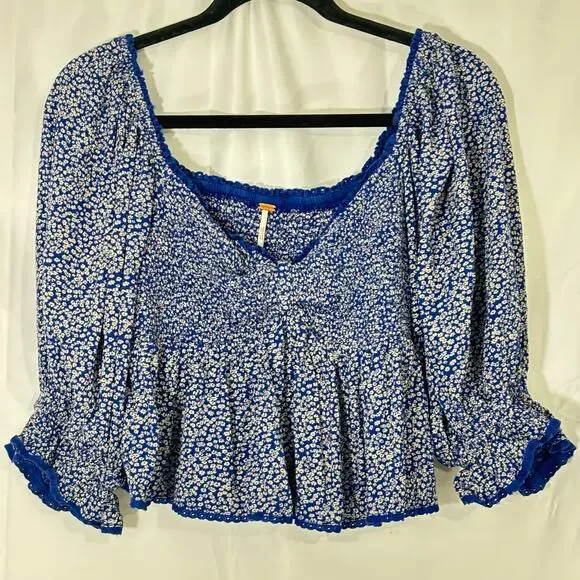 Free People Brittnee Printed Smocked-Back Peplum Top – Blue Floral – Size S - Picture 2 of 7